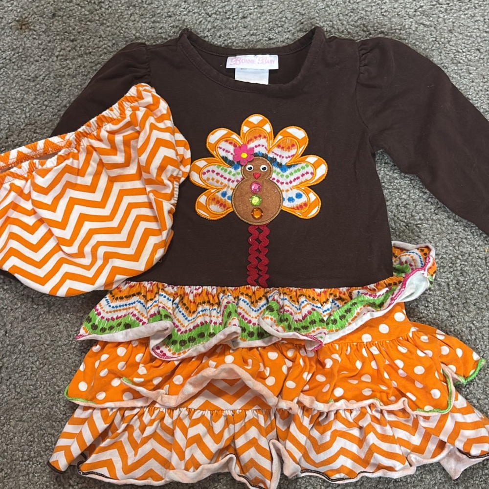 Rare Editions Brown and Orange Turkey Dress with bloomers